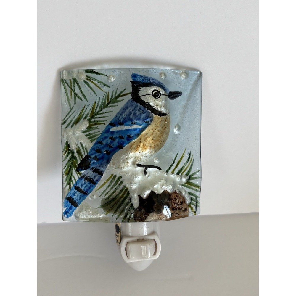Night Light Glass Hand Painted Blue Jay bird